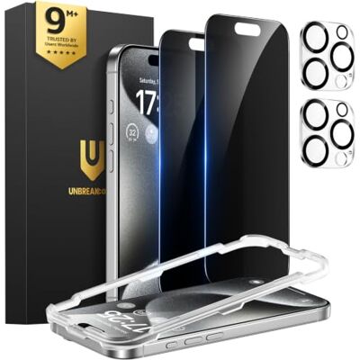 UNBREAKcable Protetor de ecrã privado para iPhone 15 Pro (6,1 polegadas), embalagem de 2 + 2 protetores de lente Ângulo anti-espião de 25° dureza 9H anti-impressões vidro temperado HD UNBREAKcable Protetor de ecrã privado para iPhone 15 Pro (6,1 polegadas), embalagem de 2 + 2 protetores de lente Ângulo anti-espião de 25° dureza 9H anti-impressões vidro temperado HD