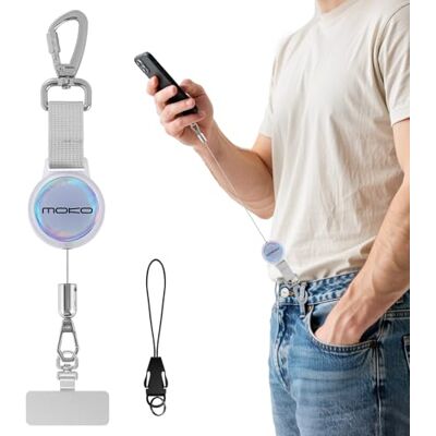 MoKo Correia de telemóvel retrátil para telemóvel, porta-chaves anti-roubo extensível com gancho metálico bloqueável, Transparente e prata cordón para movil con cable resistente y anclaje metálico giratorio 360° MoKo Correia de telemóvel retrátil para telemóvel, porta-chaves anti-roubo extensível com gancho metálico bloqueável, Transparente e prata cordón para movil con cable resistente y anclaje metálico giratorio 360°