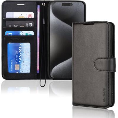 TECHGEAR Capa tipo carteira de pele sintética para iPhone 15 Pro Max de 6,7 polegadas, com cartão, suporte e alça para o pulso, pele sintética preta com fecho magnético TECHGEAR Capa tipo carteira de pele sintética para iPhone 15 Pro Max de 6,7 polegadas, com cartão, suporte e alça para o pulso, pele sintética preta com fecho magnético