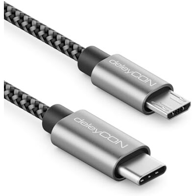 deleyCON 2 m Cabo adaptador USB-C para micro USB cabo de carregamento e dados para telemóvel Smartphone Tablet câmara carregador portátil, etc. preto deleyCON 2 m Cabo adaptador USB-C para micro USB cabo de carregamento e dados para telemóvel Smartphone Tablet câmara carregador portátil, etc. preto