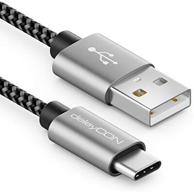 deleyCON 2 m nylon USB-C cabo carregamento dados USB tipo C conector metálico carregamento e sincronização telemóvel e smartphone deleyCON 2 m nylon USB-C cabo carregamento dados USB tipo C conector metálico carregamento e sincronização telemóvel e smartphone