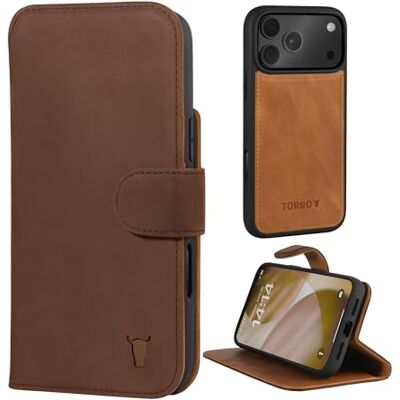TORRO Capa de couro compatível com iPhone 17 Pro MAX, capa de pele tipo carteira removível com suporte e ranhuras para cartões (compatível com carregadores MagSafe oficiais) (castanho Nobuk) TORRO Capa de couro compatível com iPhone 17 Pro MAX, capa de pele tipo carteira removível com suporte e ranhuras para cartões (compatível com carregadores MagSafe oficiais) (castanho Nobuk)
