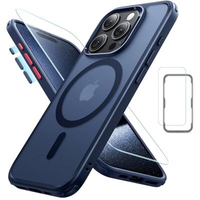 ESR Conjunto de Capa para iPhone 15 Pro MAX (5 em 1), Capa Mate Translúcida com Protetor de Ecrã e Protetores de Lentes, Compatível com MagSafe, Proteção de Grau Militar, Série Classic, Azul ESR Conjunto de Capa para iPhone 15 Pro MAX (5 em 1), Capa Mate Translúcida com Protetor de Ecrã e Protetores de Lentes, Compatível com MagSafe, Proteção de Grau Militar, Série Classic, Azul