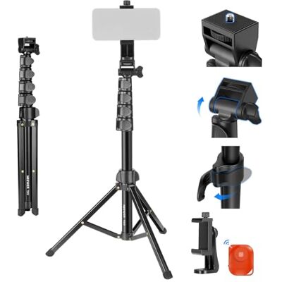 Neewer Tripé básico para iPhone e câmara com controlo remoto e suporte para telemóvel, 66" vara Selfie metálica para viagens, Vlogs, suporte portátil para câmara e vídeo, TS03 Neewer Tripé básico para iPhone e câmara com controlo remoto e suporte para telemóvel, 66" vara Selfie metálica para viagens, Vlogs, suporte portátil para câmara e vídeo, TS03