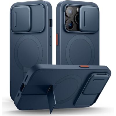 SURITCH Capa magnética compatível com iPhone 14 Pro, capa de amortecimento à prova de proteção com tampa de câmara deslizante e suporte ajustável (azul) SURITCH Capa magnética compatível com iPhone 14 Pro, capa de amortecimento à prova de proteção com tampa de câmara deslizante e suporte ajustável (azul)