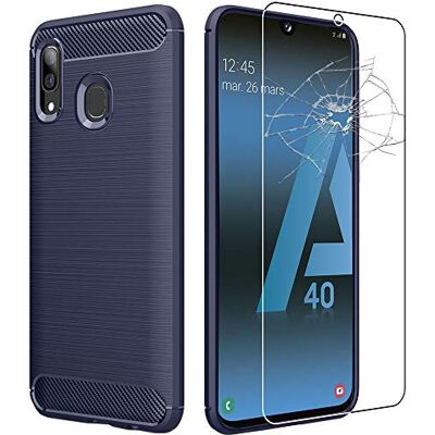 ebestStar Capa para Samsung A40 Galaxy SM-A405F, capa protetora em carbono TPU, anti-choques, azul escuro vidro temperado ebestStar Capa para Samsung A40 Galaxy SM-A405F, capa protetora em carbono TPU, anti-choques, azul escuro vidro temperado