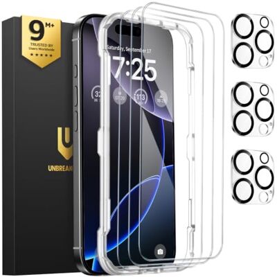 UNBREAKcable Protetor de ecrã para iPhone 16 Pro, conjunto de 3, 3 vidros temperados 3 protetores de lente de câmera, dureza 9H, alta definição, anti-impressões e 6,3 polegadas UNBREAKcable Protetor de ecrã para iPhone 16 Pro, conjunto de 3, 3 vidros temperados 3 protetores de lente de câmera, dureza 9H, alta definição, anti-impressões e 6,3 polegadas