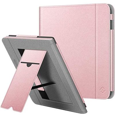 FINTIE Capa vertical para Kobo Libra H2O capa com bolso para cartão e correia de mão função de suporte e auto-repouso/ativação, ouro rosa FINTIE Capa vertical para Kobo Libra H2O capa com bolso para cartão e correia de mão função de suporte e auto-repouso/ativação, ouro rosa