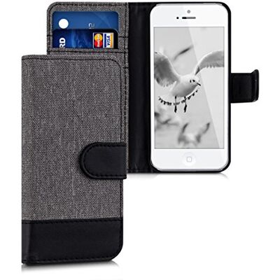 kwmobile Capa compatível com Apple iPhone SE (1.ª Gen. 2016) / iPhone 5 / 5S Capa protetora com tampa porta-cartões e suporte cinzento/preto kwmobile Capa compatível com Apple iPhone SE (1.ª Gen. 2016) / iPhone 5 / 5S Capa protetora com tampa porta-cartões e suporte cinzento/preto