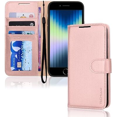 TECHGEAR Capa tipo carteira de pele sintética para iPhone SE 2022 5G/2020, iPhone 8/7/6, capa com tampa, cartão, suporte, bracelete de pulso, pele sintética rosa, fecho magnético para iPhone SE 3/SE TECHGEAR Capa tipo carteira de pele sintética para iPhone SE 2022 5G/2020, iPhone 8/7/6, capa com tampa, cartão, suporte, bracelete de pulso, pele sintética rosa, fecho magnético para iPhone SE 3/SE