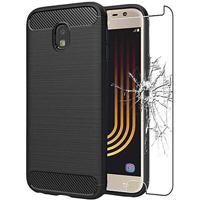 ebestStar Capa para Samsung J3 2017 Galaxy SM-J330F, capa protetora de carbono TPU, anti-choques, preto vidro temperado ebestStar Capa para Samsung J3 2017 Galaxy SM-J330F, capa protetora de carbono TPU, anti-choques, preto vidro temperado