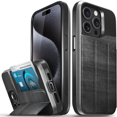 VENA vCommute Capa tipo carteira para iPhone 15 Pro, proteção contra quedas de grau militar, capa de pele com tampa e ranhura para cartões com suporte, cor quadro preto VENA vCommute Capa tipo carteira para iPhone 15 Pro, proteção contra quedas de grau militar, capa de pele com tampa e ranhura para cartões com suporte, cor quadro preto