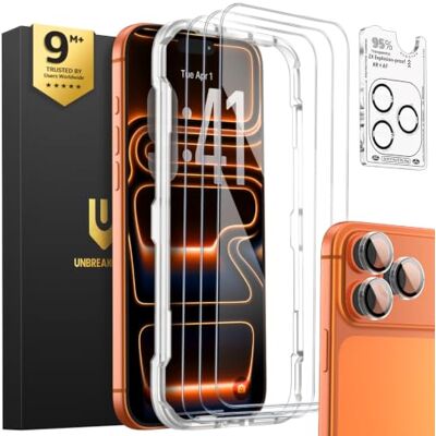 UNBREAKcable Protetor de ecrã para iPhone 17 Pro Max, conjunto de 3, 3 vidros temperados 3 protetores de lente de câmera, dureza 9H, alta definição, anti-impressões e 6,9 polegadas UNBREAKcable Protetor de ecrã para iPhone 17 Pro Max, conjunto de 3, 3 vidros temperados 3 protetores de lente de câmera, dureza 9H, alta definição, anti-impressões e 6,9 polegadas