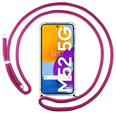 Tumundosmartphone Capa pendente transparente para Samsung Galaxy M52 5G com cordão rosa fúcsia Tumundosmartphone Capa pendente transparente para Samsung Galaxy M52 5G com cordão rosa fúcsia
