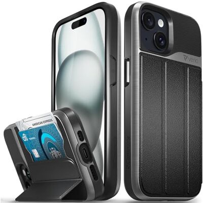 VENA vCommute Capa tipo carteira compatível com Apple iPhone 15 (6,1 polegadas), proteção contra quedas de grau militar, capa de pele com tampa e ranhura para cartões com suporte, cinzento VENA vCommute Capa tipo carteira compatível com Apple iPhone 15 (6,1 polegadas), proteção contra quedas de grau militar, capa de pele com tampa e ranhura para cartões com suporte, cinzento
