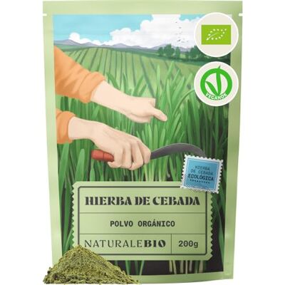 NaturaleBio erva de cevada em pó bio superalimento verde 200 g. Pó de folhas jovens de cevada, fonte de fibra, cultivada na Europa, para smoothies, sumos e bebidas verdes. NaturaleBio erva de cevada em pó bio superalimento verde 200 g. Pó de folhas jovens de cevada, fonte de fibra, cultivada na Europa, para smoothies, sumos e bebidas verdes.