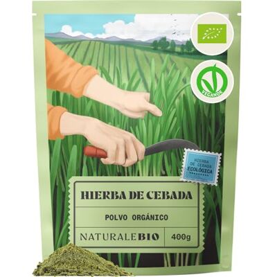 NaturaleBio Erva de cevada em pó bio superalimento verde 400 g. Pó de folhas jovens de cevada, fonte de fibra, cultivada na Europa, para smoothies, sumos e bebidas verdes. NaturaleBio Erva de cevada em pó bio superalimento verde 400 g. Pó de folhas jovens de cevada, fonte de fibra, cultivada na Europa, para smoothies, sumos e bebidas verdes.