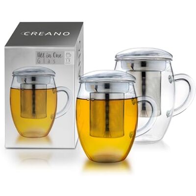 Creano Copo de chá All-In-One de vidro de borosilicato com filtro de aço inoxidável e tampa 400 ml, conjunto de 1 Creano Copo de chá All-In-One de vidro de borosilicato com filtro de aço inoxidável e tampa 400 ml, conjunto de 1