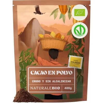 NaturaleBio Cacau puro em pó cru bio não alcalinizado 400 g. Cacau em pó não alcalinizado, sem açúcar, analisado para metais pesados, para smoothies, tigelas e pastelaria. NaturaleBio Cacau puro em pó cru bio não alcalinizado 400 g. Cacau em pó não alcalinizado, sem açúcar, analisado para metais pesados, para smoothies, tigelas e pastelaria.