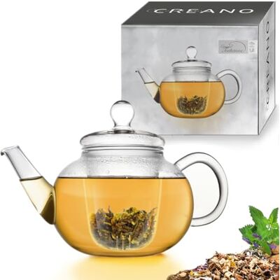 Creano Chaleira de vidro clássica 1,2 l com filtro de vidro e tampa de vidro, design integral de vidro para infusão pura e natural Creano Chaleira de vidro clássica 1,2 l com filtro de vidro e tampa de vidro, design integral de vidro para infusão pura e natural