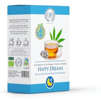 CBD Cure Infusão ecológica de cânhamo, Happy Dreams, 10 pirâmides biodegradáveis, folhas de cânhamo, valeriana, lavanda e camomila, infusão natural relaxante para dormir melhor CBD Cure Infusão ecológica de cânhamo, Happy Dreams, 10 pirâmides biodegradáveis, folhas de cânhamo, valeriana, lavanda e camomila, infusão natural relaxante para dormir melhor