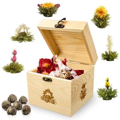 Creano Mistura flores de chá branco 6 unidades, peito de madeira premium com 6 variedades, presente sustentável de chá branco suave, artesanato tradicional Creano Mistura flores de chá branco 6 unidades, peito de madeira premium com 6 variedades, presente sustentável de chá branco suave, artesanato tradicional