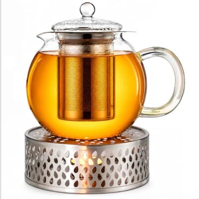 Creano Chaleira de vidro "Bec" 850 ml com filtro de aço inoxidável e aquecedor "Leaf" prateado, de precisão anti-gotejamento Creano Chaleira de vidro "Bec" 850 ml com filtro de aço inoxidável e aquecedor "Leaf" prateado, de precisão anti-gotejamento