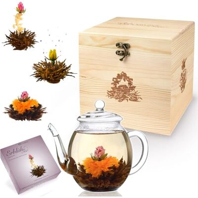 Creano Flores de chá preto 6 unidades e bule de vidro 500 ml, peito de madeira de luxo, 3 variedades de chá preto com flores, presente elegante para mulher Creano Flores de chá preto 6 unidades e bule de vidro 500 ml, peito de madeira de luxo, 3 variedades de chá preto com flores, presente elegante para mulher
