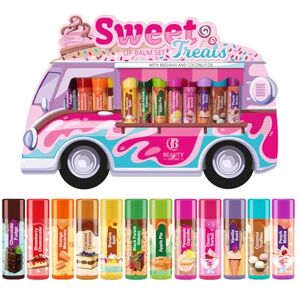 Beauty4Britain Sweet Treats Conjunto de 12 bálsamos labiais, 12 sabores diferentes de sobremesa, cera de abelha e óleo de coco, incolor, para meninos e meninas Beauty4Britain Sweet Treats Conjunto de 12 bálsamos labiais, 12 sabores diferentes de sobremesa, cera de abelha e óleo de coco, incolor, para meninos e meninas