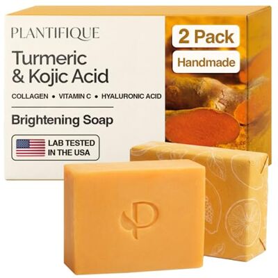 Plantifique Sabão de curcuma e ácido kojico, 2 barras com vitamina C, ácido hialurónico e colágeno, sabão facial para manchas Turmeric & Kojic Acid Soap, 160 g Plantifique Sabão de curcuma e ácido kojico, 2 barras com vitamina C, ácido hialurónico e colágeno, sabão facial para manchas Turmeric & Kojic Acid Soap, 160 g