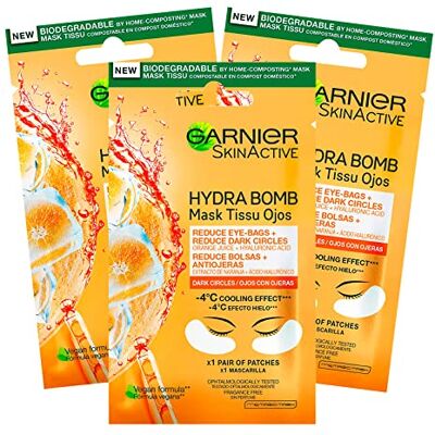 Garnier 3 x SkinActive Máscara com contorno de olhos anti-fadiga com sumo de laranja e ácido hialurónico para olhos opacos e cansados, 3 embalagens de 1 aplicação Garnier 3 x SkinActive Máscara com contorno de olhos anti-fadiga com sumo de laranja e ácido hialurónico para olhos opacos e cansados, 3 embalagens de 1 aplicação
