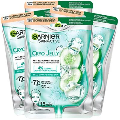 Garnier SkinActive Cryo Jelly efeito gelo máscara facial anti-fadiga com tratamento reafirmante de ácido hialurónico para pele cansada e baça fórmula vegana, 5 máscaras descartáveis Garnier SkinActive Cryo Jelly efeito gelo máscara facial anti-fadiga com tratamento reafirmante de ácido hialurónico para pele cansada e baça fórmula vegana, 5 máscaras descartáveis