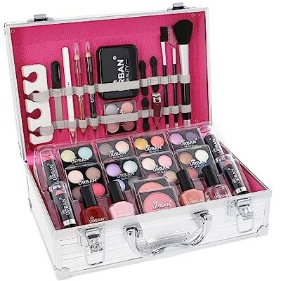 Love Urban Beauty Estojo de maquilhagem vegan Essentials conjunto de maquilhagem vegan de 64 peças para adolescentes caixa prateada elegante design compacto e leve Love Urban Beauty Estojo de maquilhagem vegan Essentials conjunto de maquilhagem vegan de 64 peças para adolescentes caixa prateada elegante design compacto e leve