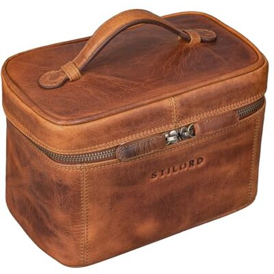 STILORD Neceser de viagem grande pele bolsa de maquilhagem bolsa de cosméticos vintage organizador bolsa de banho de couro cor: Kara Cognac STILORD Neceser de viagem grande pele bolsa de maquilhagem bolsa de cosméticos vintage organizador bolsa de banho de couro cor: Kara Cognac