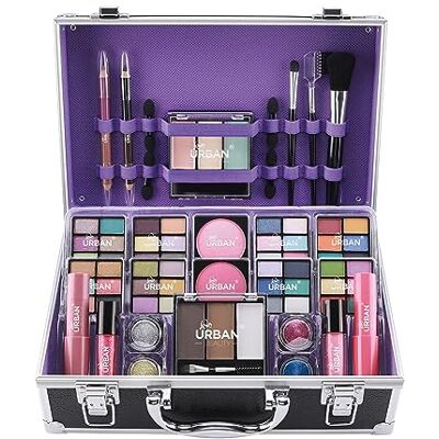 Love Urban Beauty Bliss Estojo de Maquilhagem com Cosméticos Veganos – Completo com Sombra, Cor, Batom, Cera de Sobrancelhas, Pó e Pincéis – Organizador de Alumínio Love Urban Beauty Bliss Estojo de Maquilhagem com Cosméticos Veganos – Completo com Sombra, Cor, Batom, Cera de Sobrancelhas, Pó e Pincéis – Organizador de Alumínio