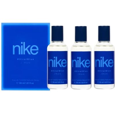 Nike Viral Blue Pack de 3 x 30 ml, Colónia para homem, formato de viagem em spray, perfume homem, Eau de Toilette natural e masculina, aroma cítrico, fragrância fresca Nike Viral Blue Pack de 3 x 30 ml, Colónia para homem, formato de viagem em spray, perfume homem, Eau de Toilette natural e masculina, aroma cítrico, fragrância fresca