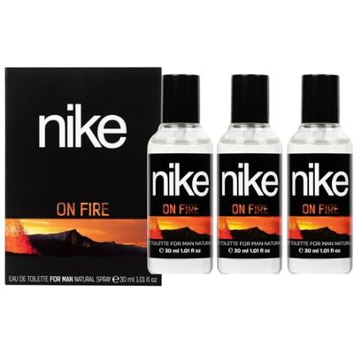 Nike On Fire Pack de 3 x 30 ml, Colónia para homem, formato de viagem em spray, perfume homem, Eau de Toilette natural e masculina, aroma oriental madeirado, fragrância fresca Nike On Fire Pack de 3 x 30 ml, Colónia para homem, formato de viagem em spray, perfume homem, Eau de Toilette natural e masculina, aroma oriental madeirado, fragrância fresca