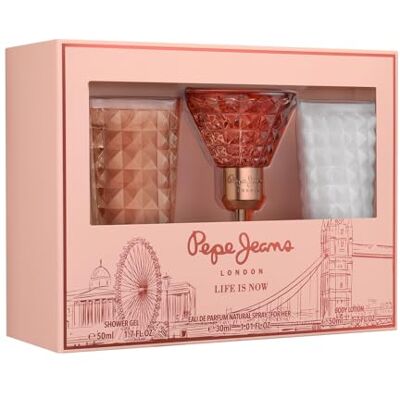 Pepe Jeans Life Is Now For Her Perfumes de mulher estojo de 3 peças Pacote de presente, Eau de Parfum de 30 ml, Body Lotion 50 ml e Shower Gel 50 ml, conjunto fragrância floral e oriental Pepe Jeans Life Is Now For Her Perfumes de mulher estojo de 3 peças Pacote de presente, Eau de Parfum de 30 ml, Body Lotion 50 ml e Shower Gel 50 ml, conjunto fragrância floral e oriental