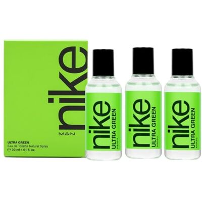 Nike Ultra Green Pack de 3 x 30 ml, Colónia para homem, formato de viagem em spray, perfume homem, Eau de Toilette natural e masculina. Aroma madeirado oriental, fragrância fresca, poderosa e Nike Ultra Green Pack de 3 x 30 ml, Colónia para homem, formato de viagem em spray, perfume homem, Eau de Toilette natural e masculina. Aroma madeirado oriental, fragrância fresca, poderosa e