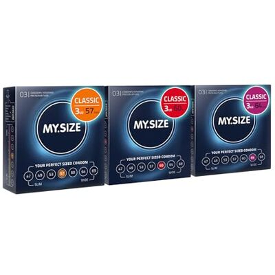 MY.SIZE Classic Premium Preservativos, pacote de teste de 3 Larguras de 57, 60, 64 mm 3x3 peças extra finas sensação real ultra delicada espessura de parede de 0,07mm vegano MY.SIZE Classic Premium Preservativos, pacote de teste de 3 Larguras de 57, 60, 64 mm 3x3 peças extra finas sensação real ultra delicada espessura de parede de 0,07mm vegano