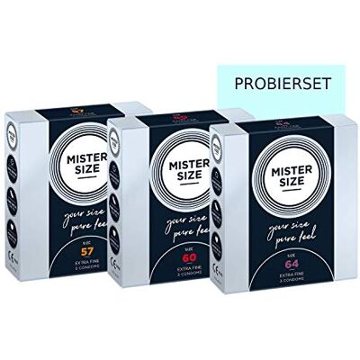 MISTER SIZE Preservativos muito delicados ao toque (57-60-64) Conjunto de teste 3 x 3 extra fino, extra húmido/feito de látex de borracha 100% natural do seu tamanho L 2XL MISTER SIZE Preservativos muito delicados ao toque (57-60-64) Conjunto de teste 3 x 3 extra fino, extra húmido/feito de látex de borracha 100% natural do seu tamanho L 2XL
