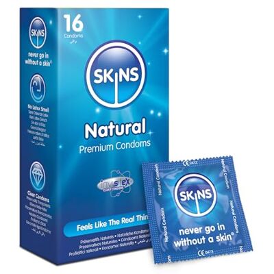 Skins Sexual Health Preservativos naturais, reservativos de látex natural sem odor, extra lubrificados para se sentir como os autênticos (Natural, 16 unidades (embalagem de 1)) Skins Sexual Health Preservativos naturais, reservativos de látex natural sem odor, extra lubrificados para se sentir como os autênticos (Natural, 16 unidades (embalagem de 1))