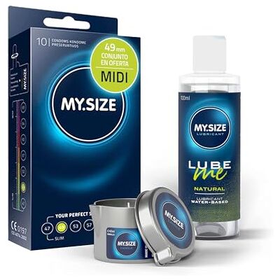MY.SIZE Pacote de poupança: Preservativos de 49 mm (10 unidades), lubrificante natural (100 ml) e vela de massagem MY.SIZE Pacote de poupança: Preservativos de 49 mm (10 unidades), lubrificante natural (100 ml) e vela de massagem