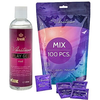 Vibratissimo Preservativos mistura pacote de 100 mistos e lubrificante 250 ml, unisexo Vibratissimo Preservativos mistura pacote de 100 mistos e lubrificante 250 ml, unisexo