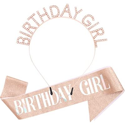 DRESHOW Fita de aniversário para menina, tiara com faixa, coroa de princesa, strass, acessório de aniversário para mulheres e meninas, Birthday Girl: Rose Gold UK, tamanho único DRESHOW Fita de aniversário para menina, tiara com faixa, coroa de princesa, strass, acessório de aniversário para mulheres e meninas, Birthday Girl: Rose Gold UK, tamanho único