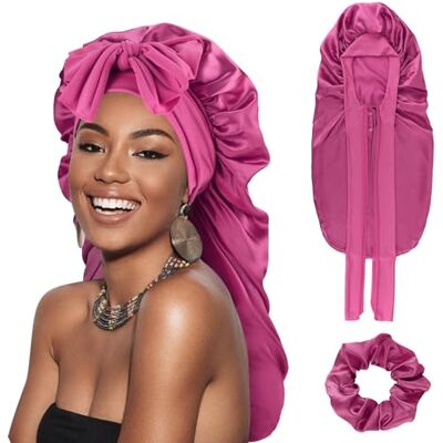 DRESHOW Gorro cetim cabelo encaracolado ajustável para mulher Bonnet seda para dormir gorro de seda comprido para sonho com faixa elástica para mulheres DRESHOW Gorro cetim cabelo encaracolado ajustável para mulher Bonnet seda para dormir gorro de seda comprido para sonho com faixa elástica para mulheres