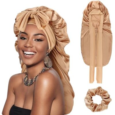 DRESHOW Touca de Cetim para Cabelo Cacheado Ajustável para Mulheres, Boné de Seda para Dormir, Touca de Seda Longa para Sono com Banda Elástica para Mulheres, Tamanho único DRESHOW Touca de Cetim para Cabelo Cacheado Ajustável para Mulheres, Boné de Seda para Dormir, Touca de Seda Longa para Sono com Banda Elástica para Mulheres, Tamanho único