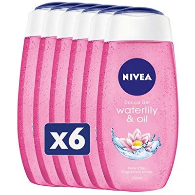 NIVEA Gel de duche Waterlily & Oil Em embalagem de 6 garrafas de 250 ml cada Gel de duche fresco e delicado Fórmula de gel enriquecida com pérolas de óleo e aroma de nenúfar NIVEA Gel de duche Waterlily & Oil Em embalagem de 6 garrafas de 250 ml cada Gel de duche fresco e delicado Fórmula de gel enriquecida com pérolas de óleo e aroma de nenúfar