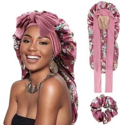 DRESHOW Touca de Cetim Cabelo Encaracolado Ajustável para Mulher, Boné de Seda para Dormir, Touca de Seda Longa para Sono com Banda Elástica para Mulheres, Tamanho único DRESHOW Touca de Cetim Cabelo Encaracolado Ajustável para Mulher, Boné de Seda para Dormir, Touca de Seda Longa para Sono com Banda Elástica para Mulheres, Tamanho único