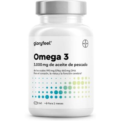 Gloryfeel Omega 3 Cápsulas de Alta Dose 3000mg de Óleo de peixe (990mg EPA + 660mg DHA) 240 Cápsulas em forma de triglicerídeos Óleo de peixe puro de alta biodisponibilidade Tripla ação Gloryfeel Omega 3 Cápsulas de Alta Dose 3000mg de Óleo de peixe (990mg EPA + 660mg DHA) 240 Cápsulas em forma de triglicerídeos Óleo de peixe puro de alta biodisponibilidade Tripla ação